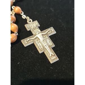 VTG Italy Silvertone San Francis De Assissi 2” Cross Wood Beaded Rosary